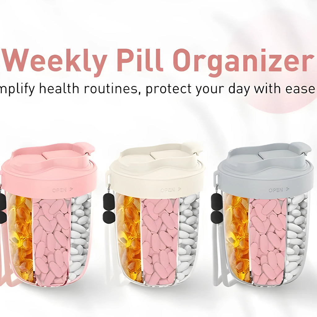 Plastic supplement storage box tablet dispenser with 7 compartments in compact size 7.5x9.5x13.5cm