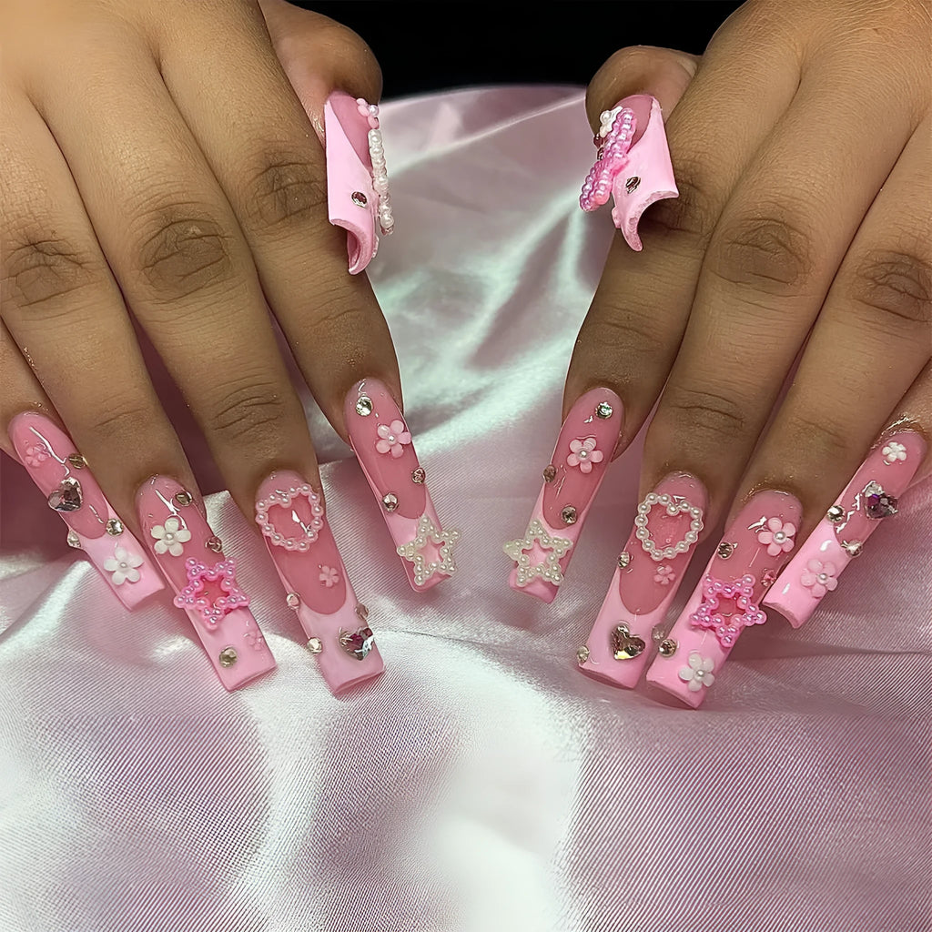 Super long water pipe false nails with love pattern, French spots, and bow drill decorations in colour XB-70-48.