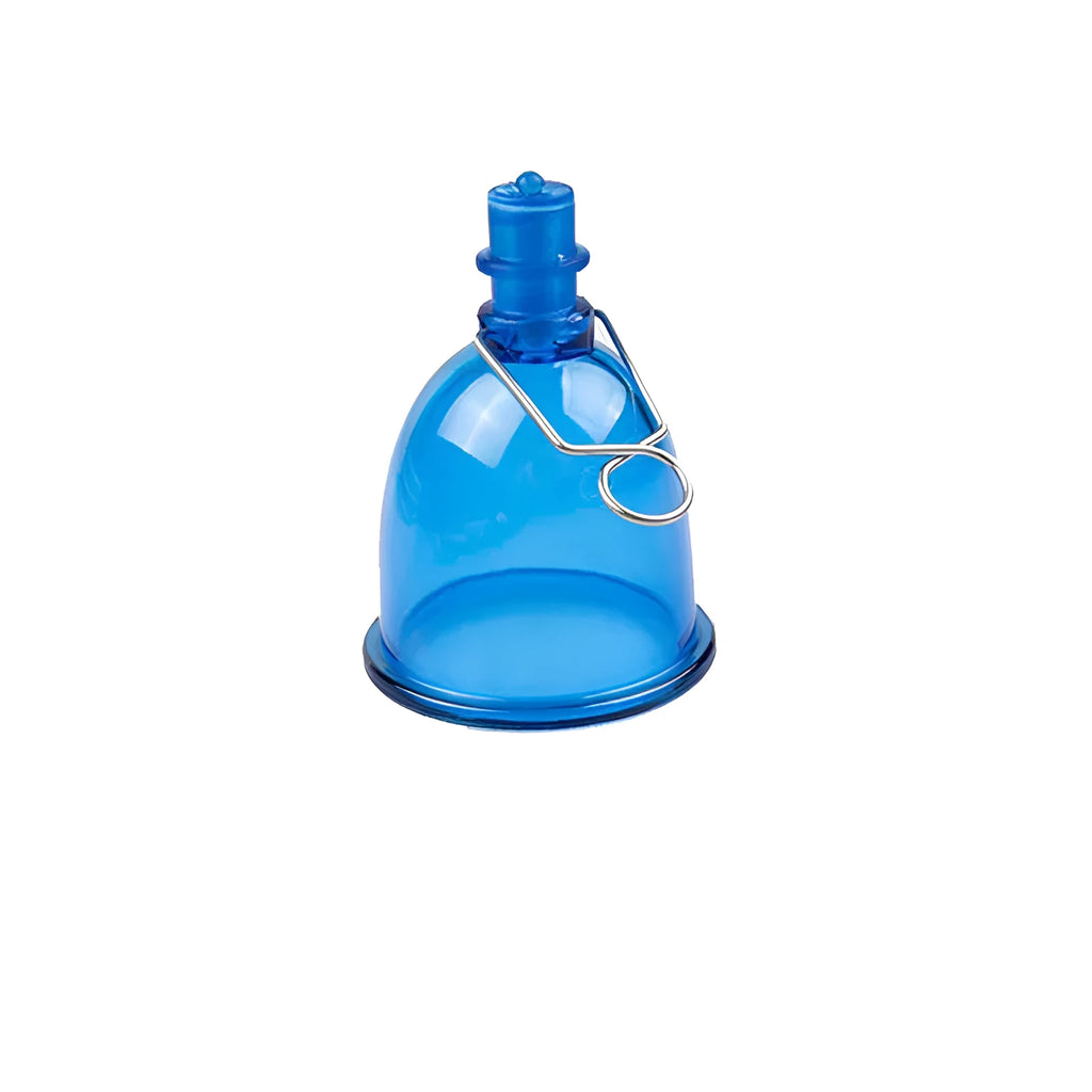 Blue silicone male masturbator cup shown in small, medium, and large sizes