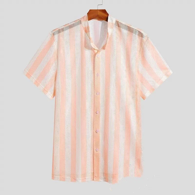 Men's pink waffle weave cardigan shirt with loose fit and short sleeves