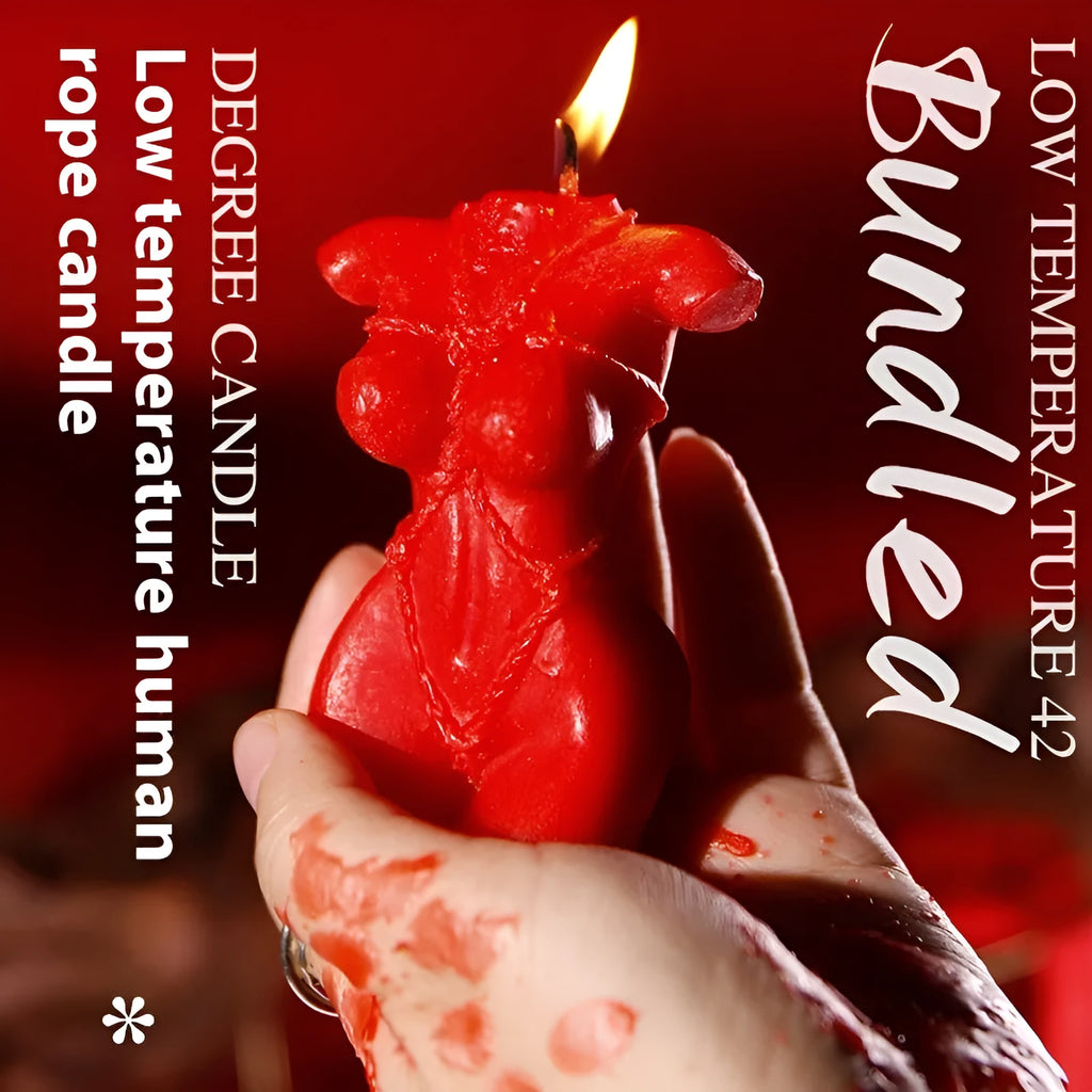 Low temperature soy wax massage candle in a bikini shape, shown in rose red, spring pink, and lilac purple colours.