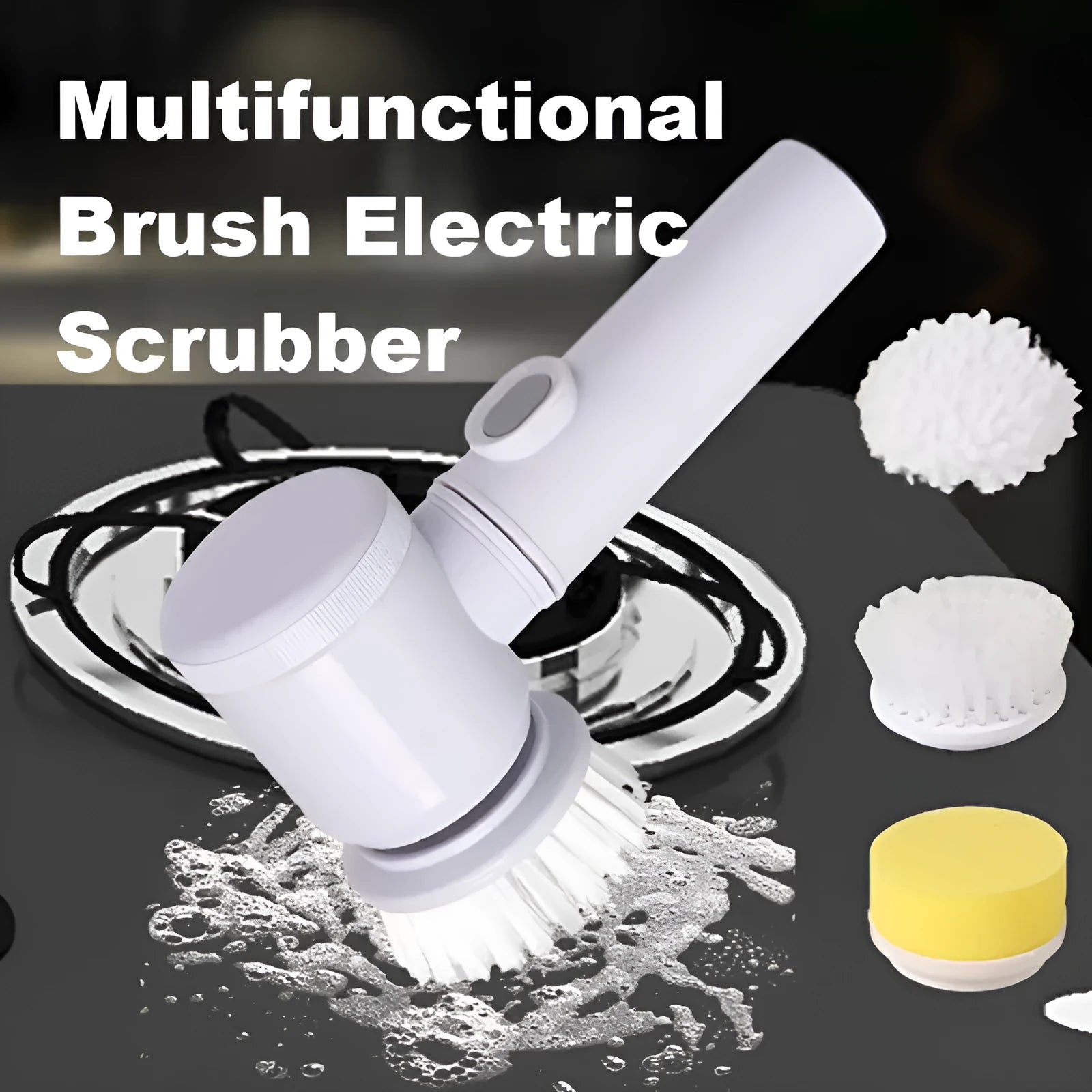 Rechargeable electric kitchen scrubber brush with multiple nylon brush heads and storage hook