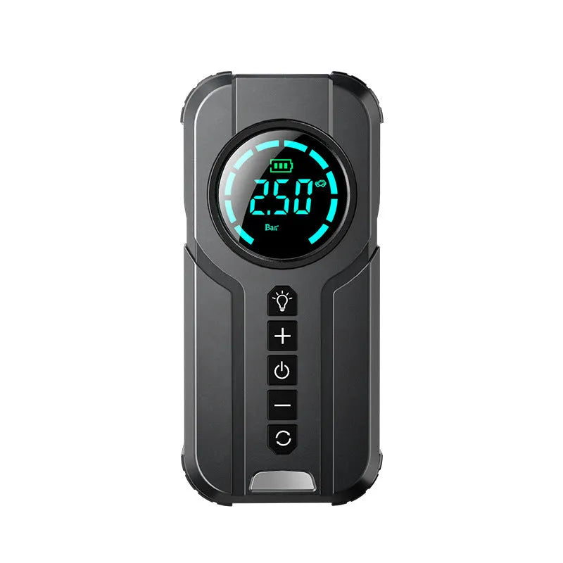 Portable black car tyre inflator pump with digital display, battery, and a set of inflation nozzles on a grey background.