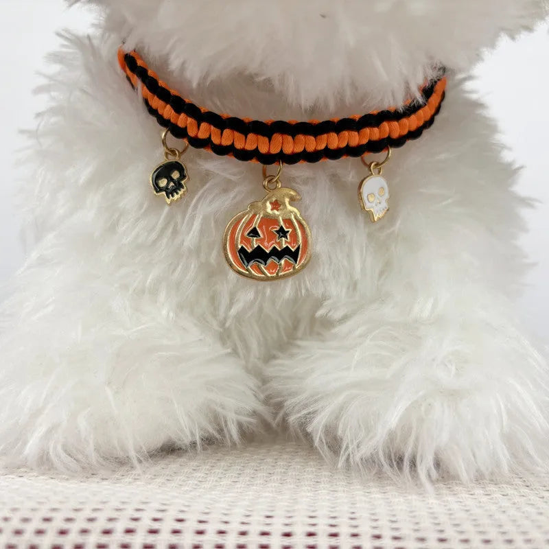 Halloween pet collar decoration with hand-woven zinc alloy geometric charm on adjustable collar