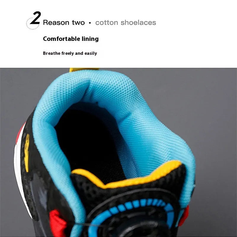 Boys' rotating button basketball shoes in black synthetic leather with cushioned PU sole