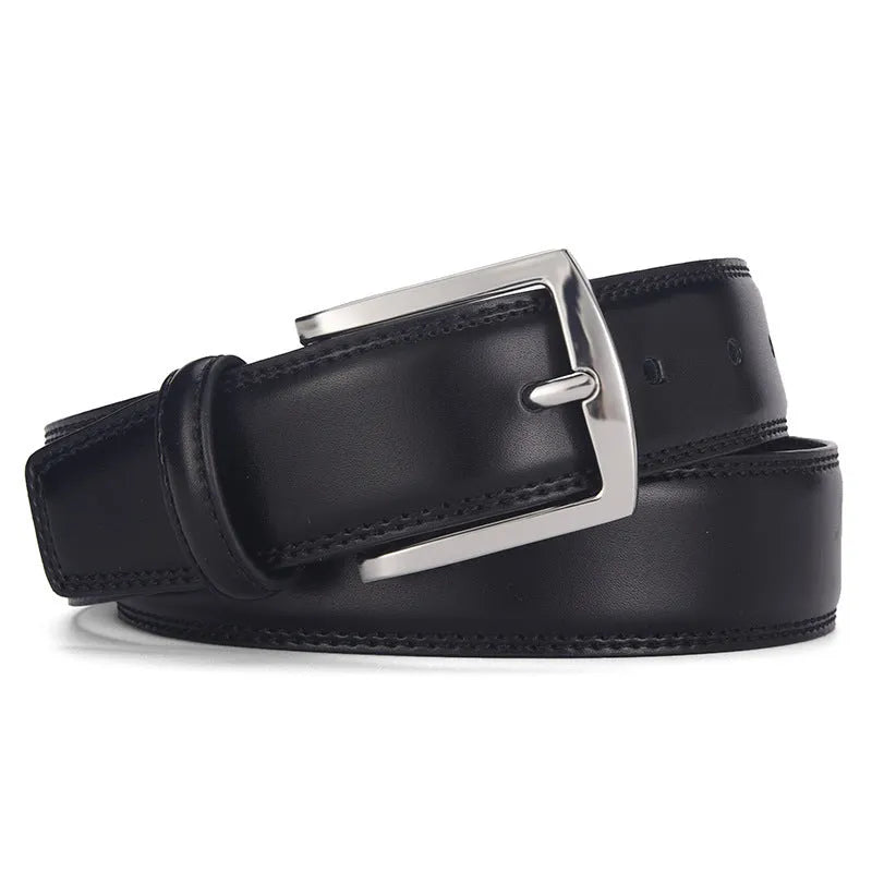 Men's black genuine leather belt with silver alloy pin buckle on a flat surface