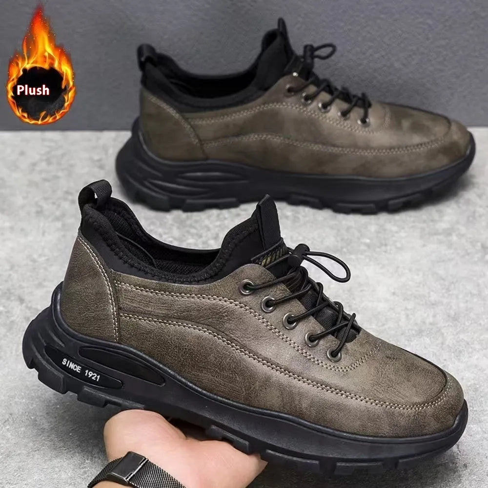 Men's black waterproof sneakers with fleece lining and synthetic leather upper