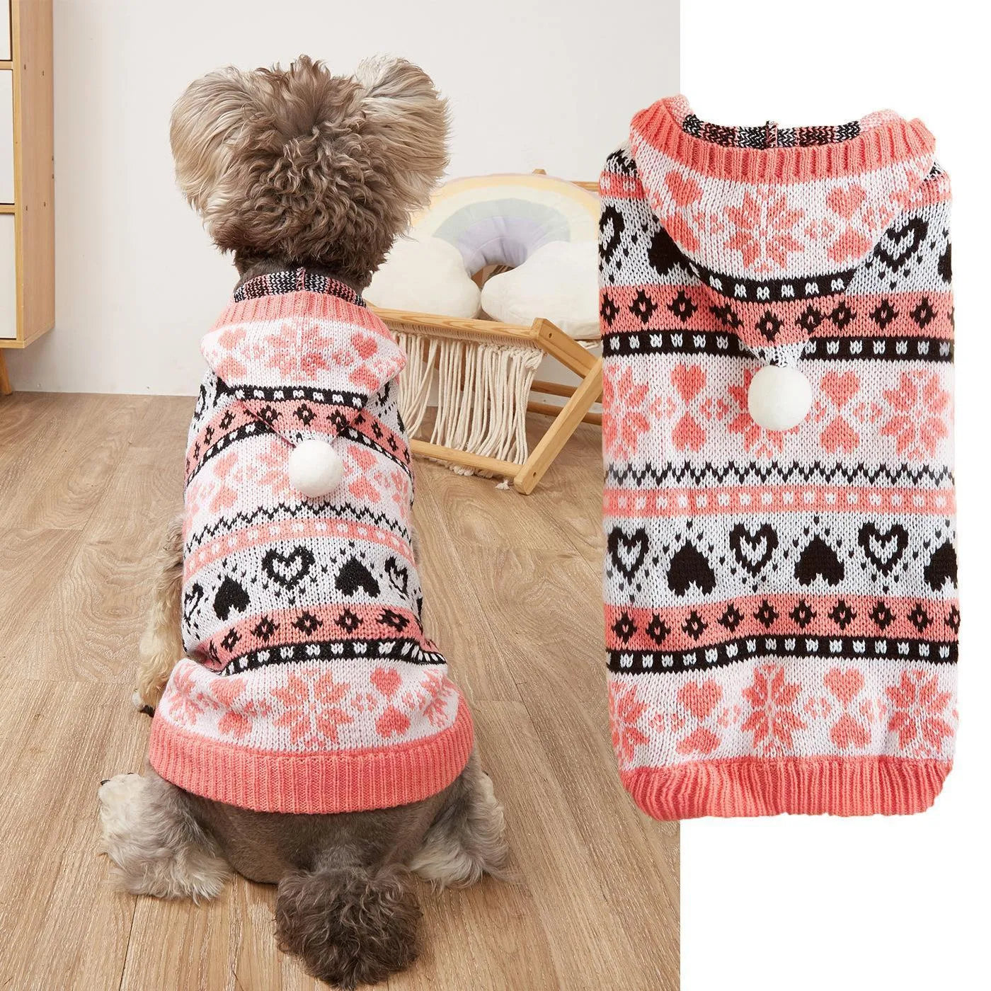 Pink, blue, and grey striped camouflage snowflake pattern knitted dog sweater for small dogs.