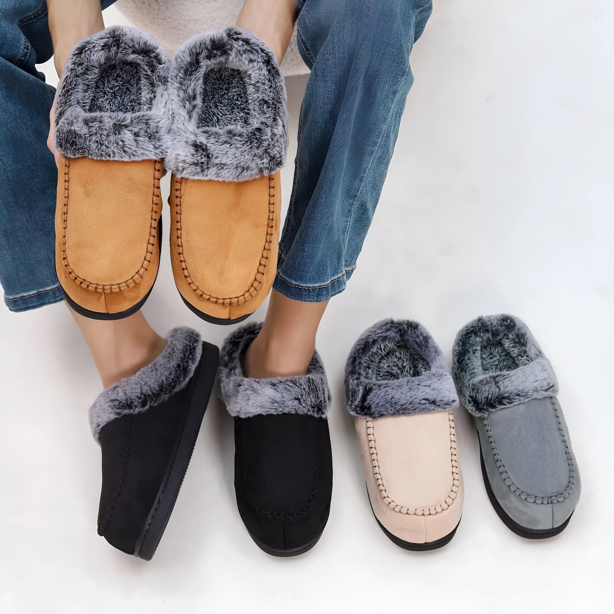 Fleece-lined thickened cotton slippers with plaid pattern and non-slip TPR sole in khaki colour