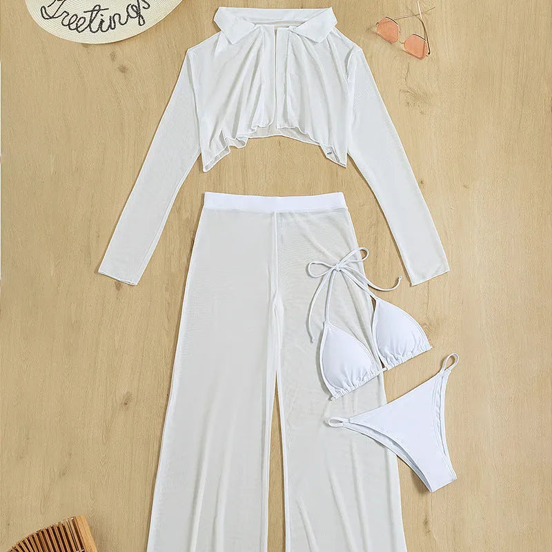 White four-piece women's swimsuit set with high-waist trousers and backless top