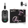 Black ergonomic wireless gaming mouse with RGB lighting and seven buttons on desk