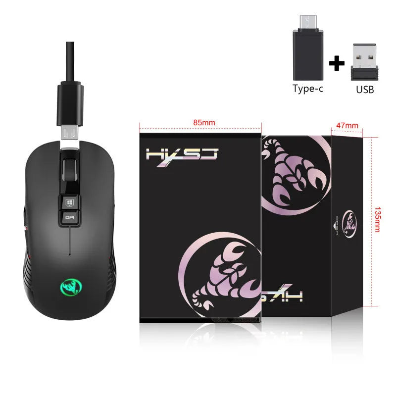 Black ergonomic wireless gaming mouse with RGB lighting and seven buttons on desk