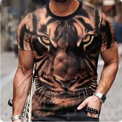 Men's grey T-shirt with a detailed 3D lion face print on the front.