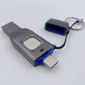 Fingerprint secured USB flash drive with dual USB 3.0 and USB-C connectors in metal housing