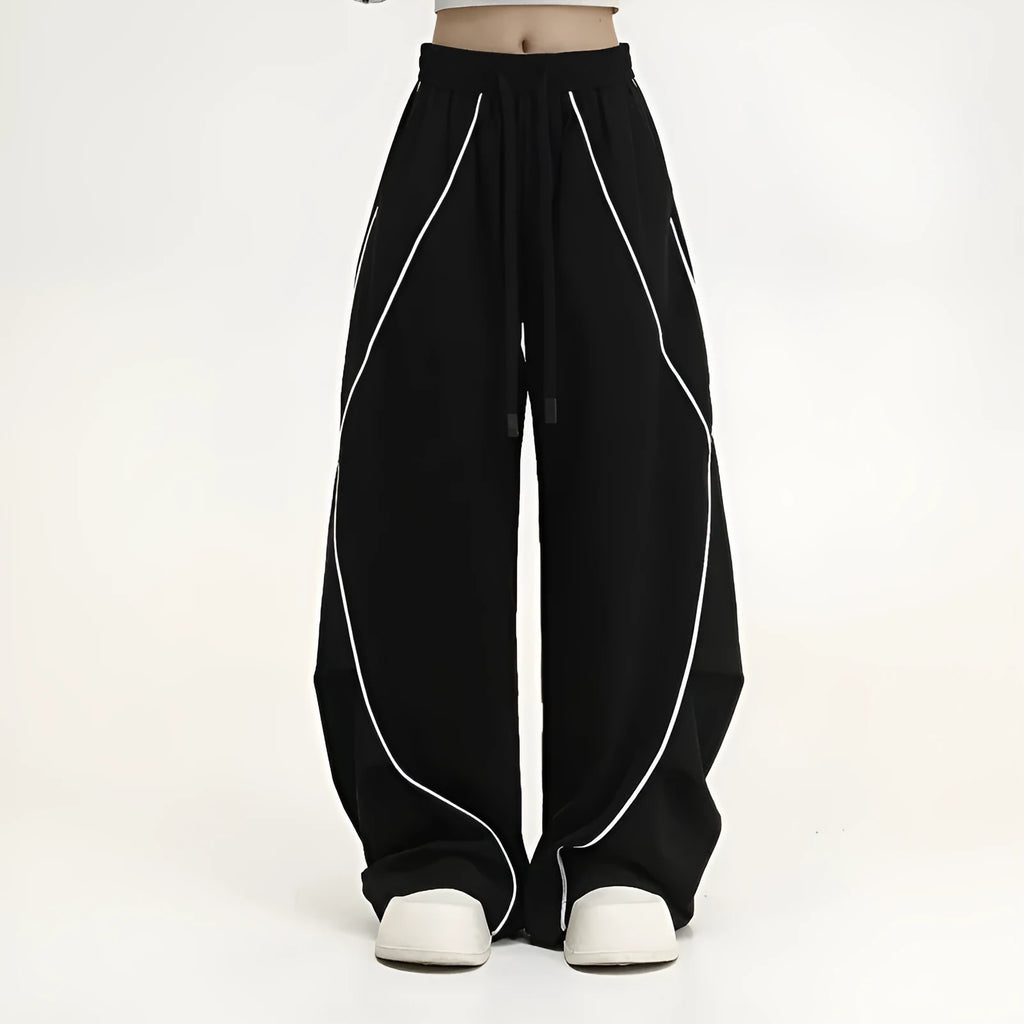 Black striped wide-leg hip hop sports trousers with mid waist fit