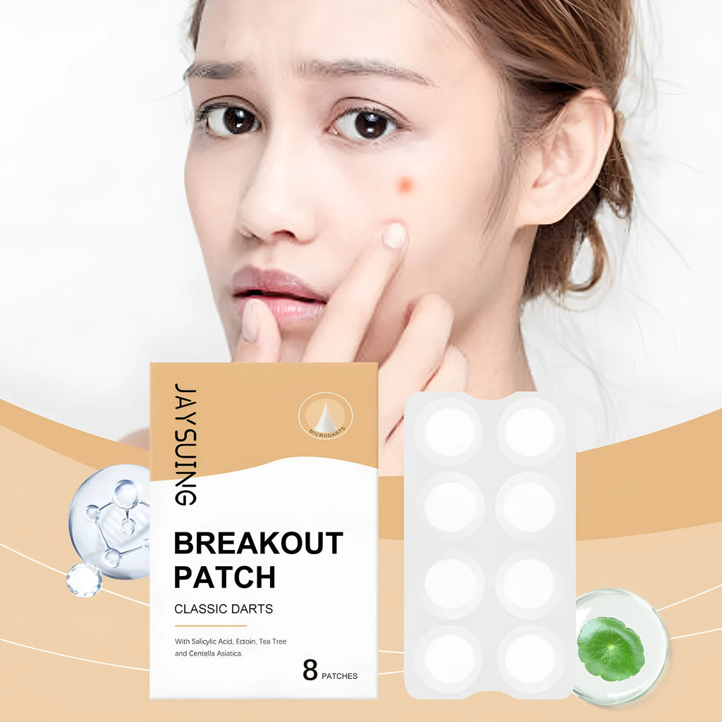 Pack of 8 acne patches containing tea tree oil and asiatic centella extract for skin care.