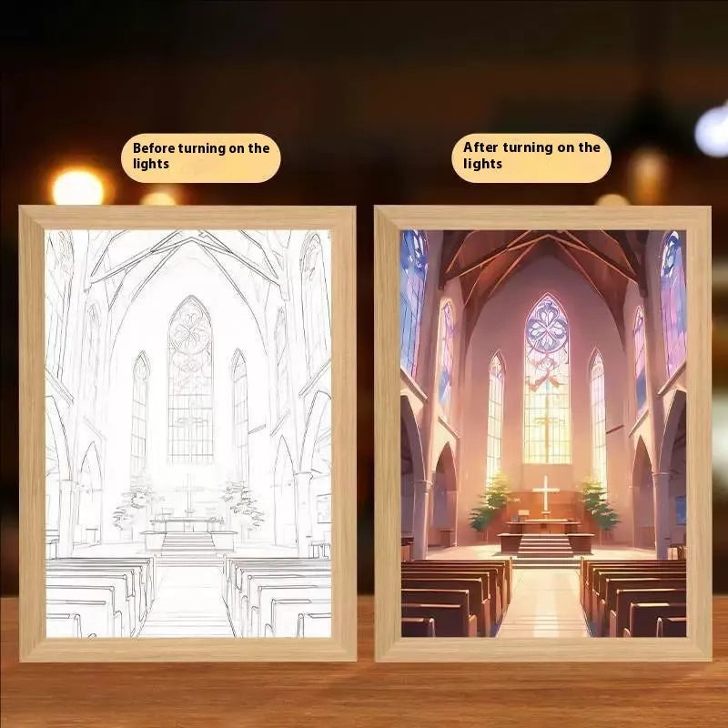 Handmade rectangular LED light painting photo frame showing illuminated inspirational design