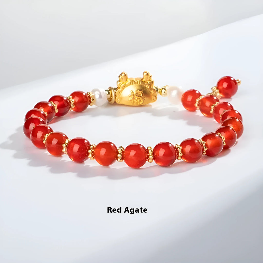 Handcrafted natural agate dragon zodiac bracelet with 8mm diamond-shaped beads.