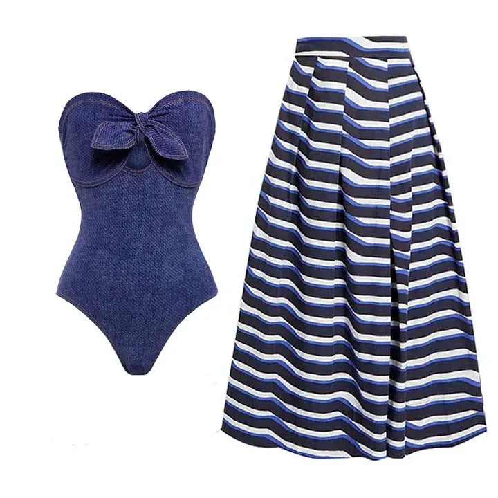 Women's vintage denim colour one-piece swimsuit with matching skirt