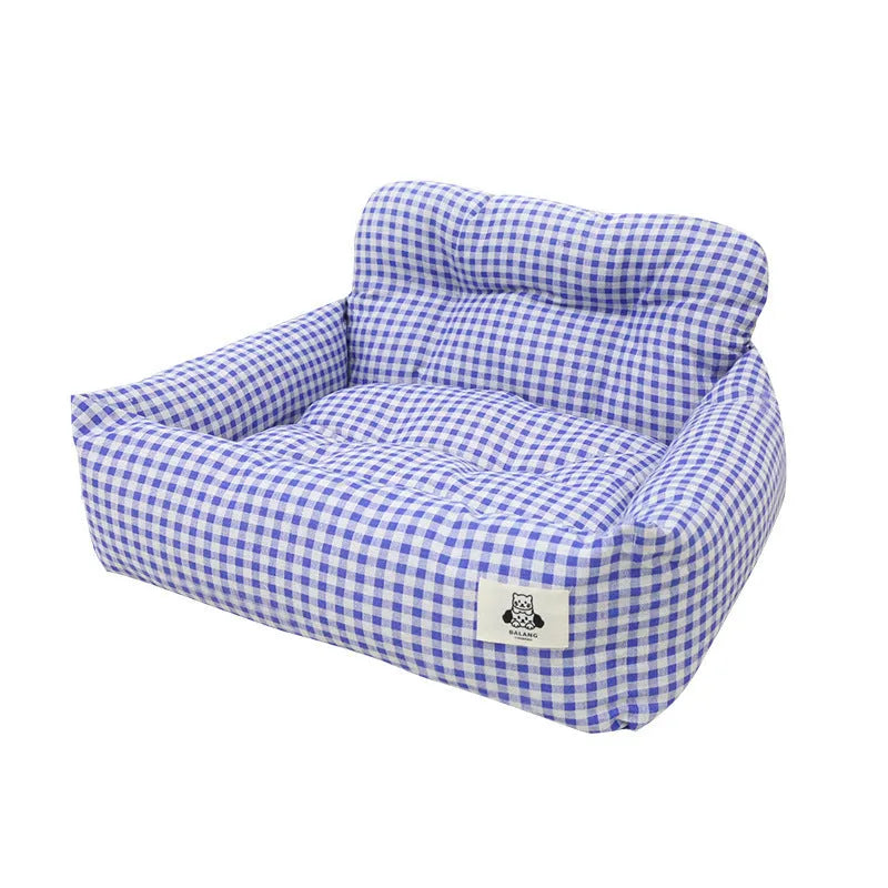 Car-mounted stain-resistant cloth pet nest for dogs in blue plaid and grey colours