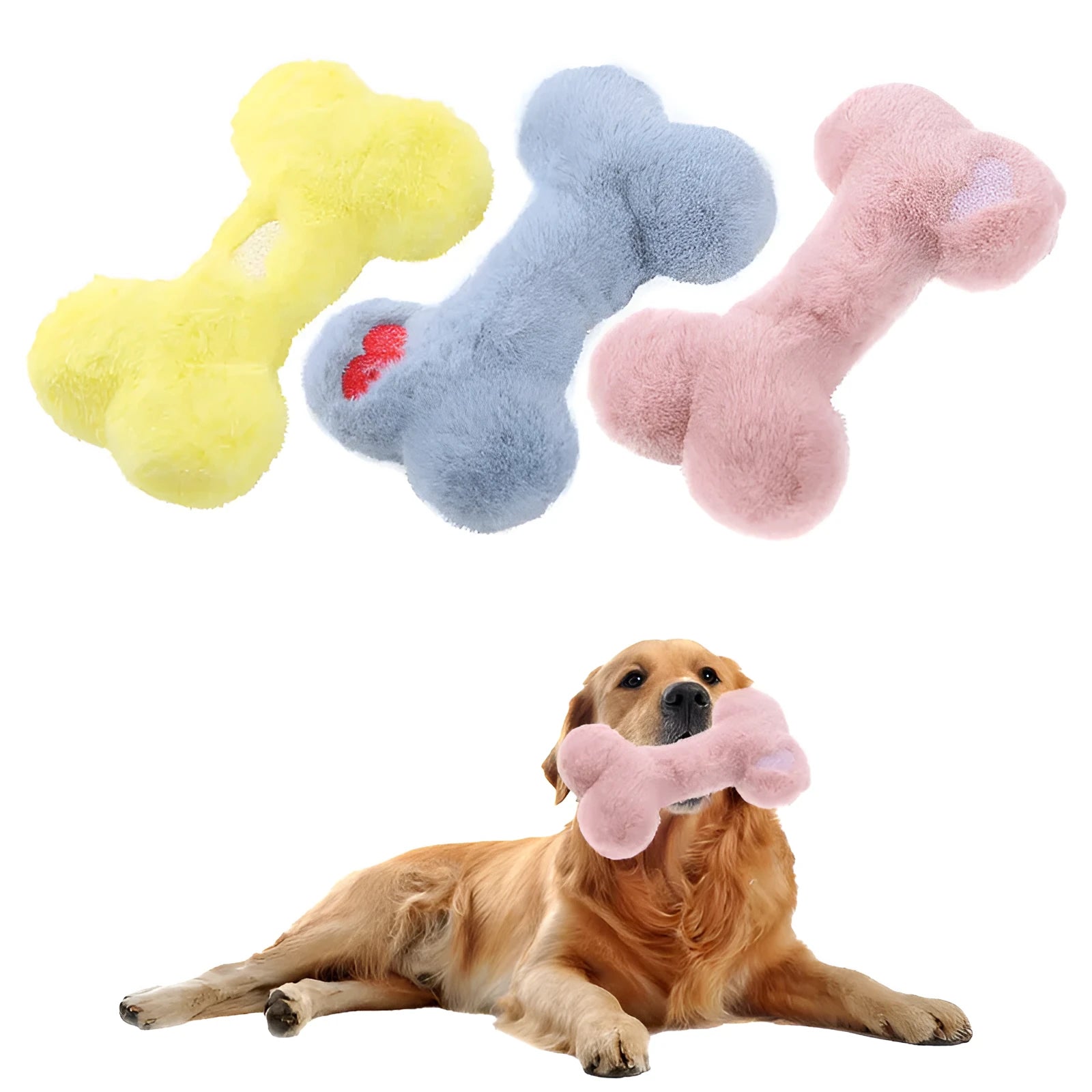Bone-shaped plush dog toy with squeaker in blue, pink, and yellow colour options