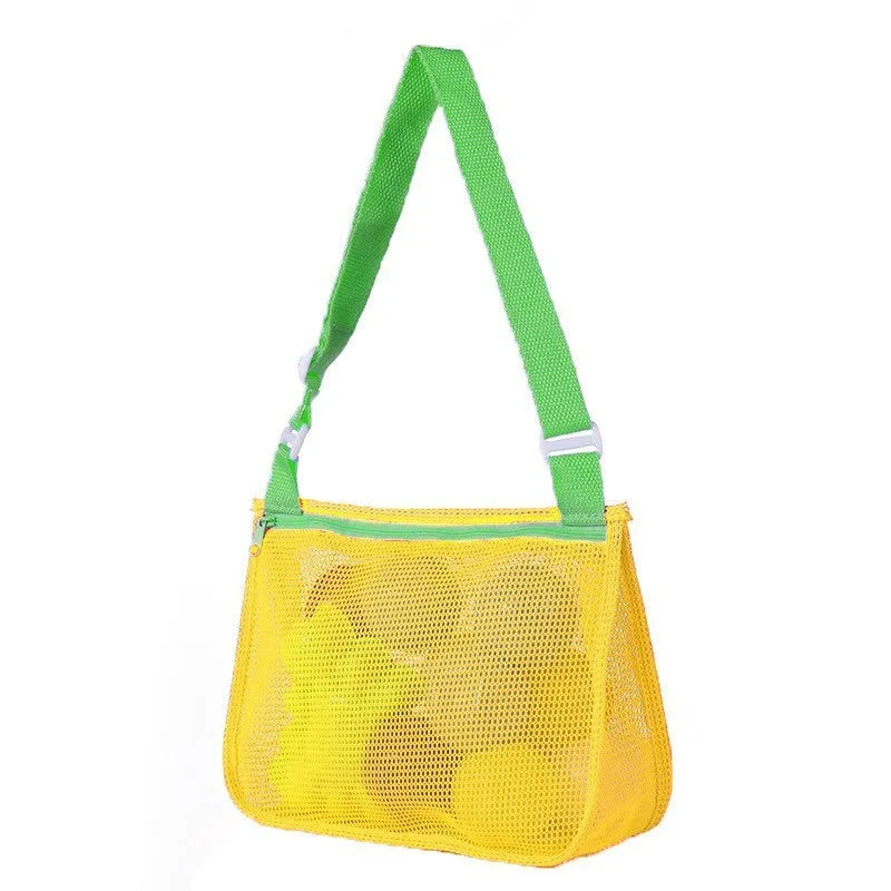 Blue nylon mesh travel storage organiser bag for children's toys and clothing, sealed, measuring 20x25x8cm.