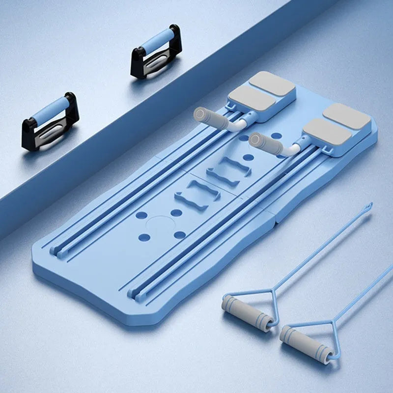 Blue multi functional fitness board with foldable design and Ab rocket on a light background