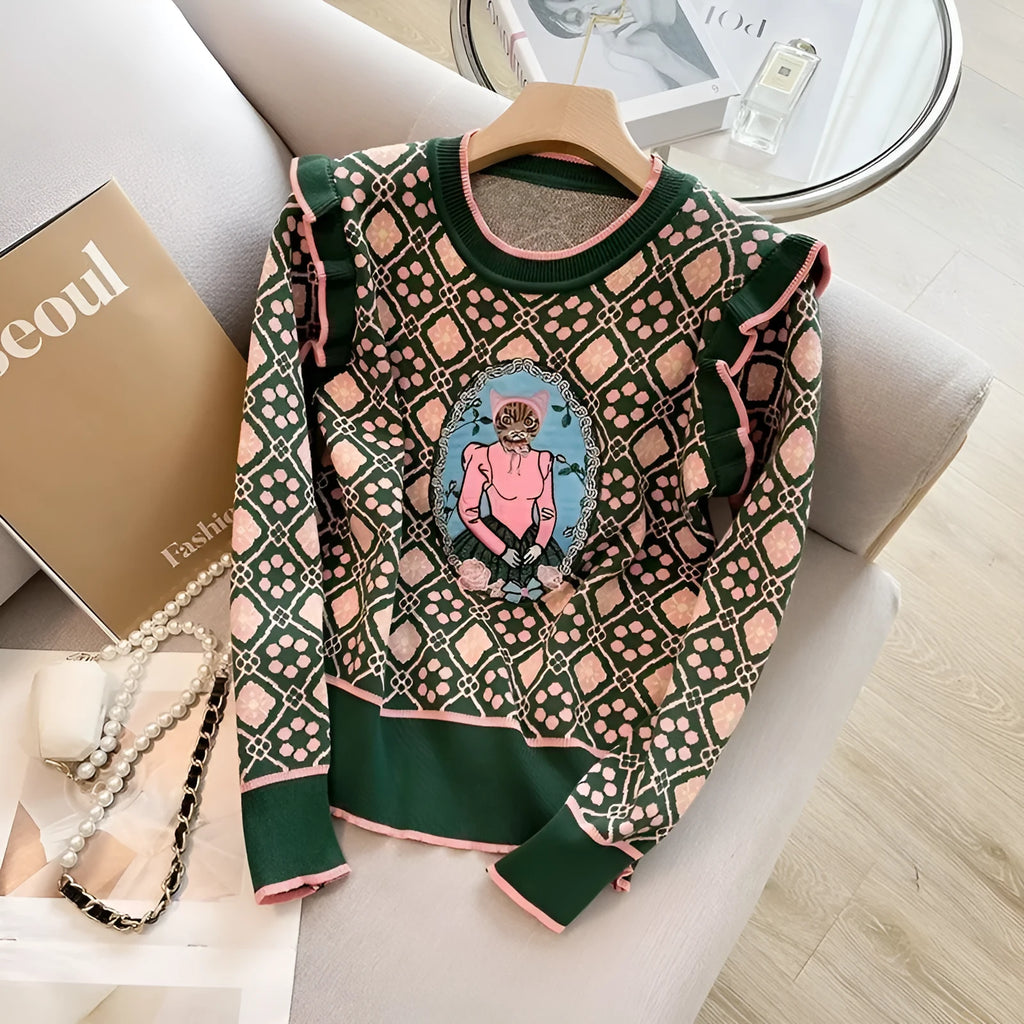 Green women's printed sweater with loose fit design for commuting wear