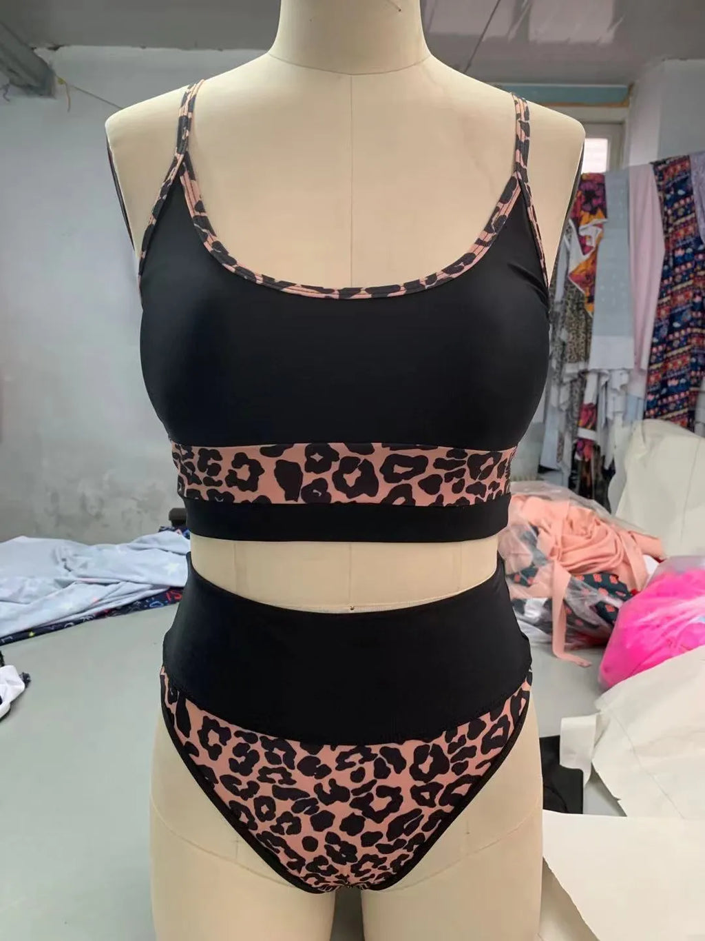 Women's high waist split bikini swimsuit in white and leopard print colours