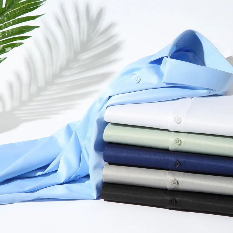 Men's non-ironing long sleeve shirt in solid colour with elastic polyester fabric