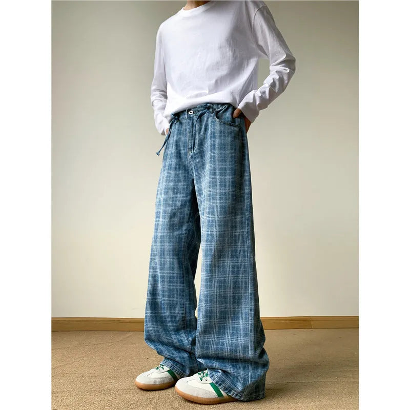 Retro blue plaid wide-leg skinny jeans in cotton denim with mid waist and zip fly