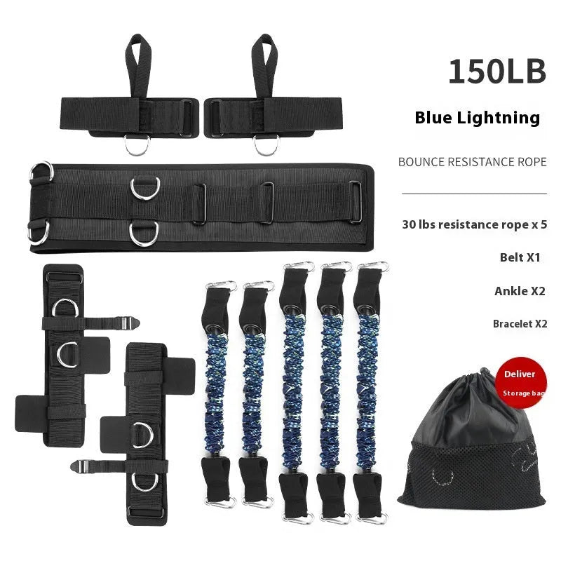 Chest expander elastic fitness belt with red, blue, black, and green sleeves indicating different resistance levels.