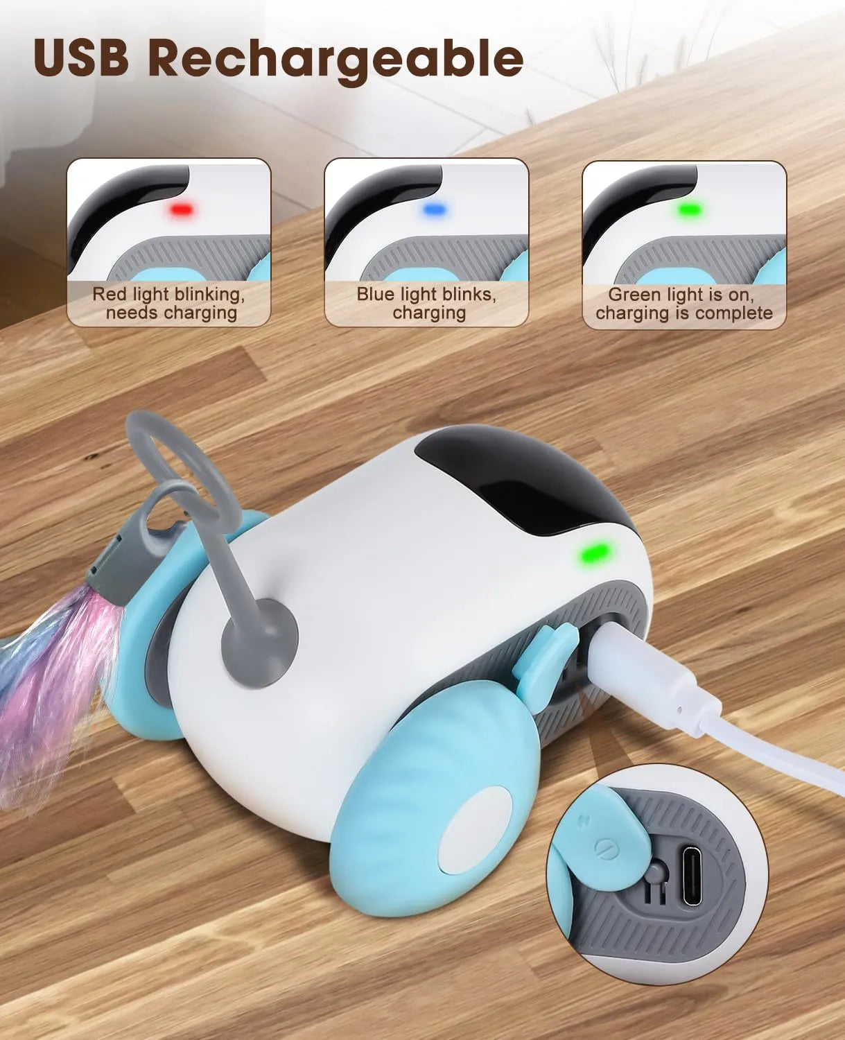 Blue smart cat toy car with feather teaser and remote control on a wooden floor