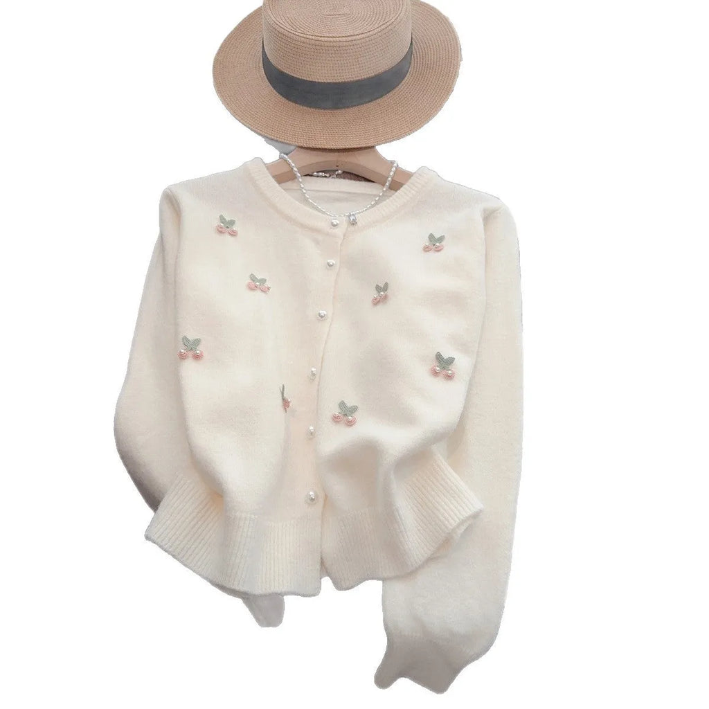 Soft cashmere blend cardigan sweater coat for women in free size 80-120 with beaded embellishments and round neck