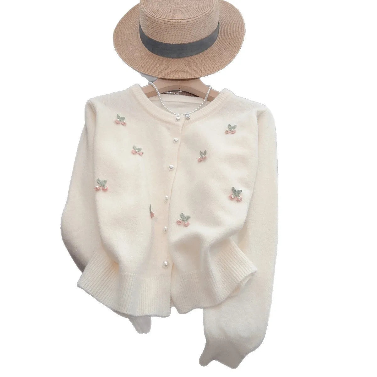 Soft cashmere blend cardigan sweater coat for women in free size 80-120 with beaded embellishments and round neck