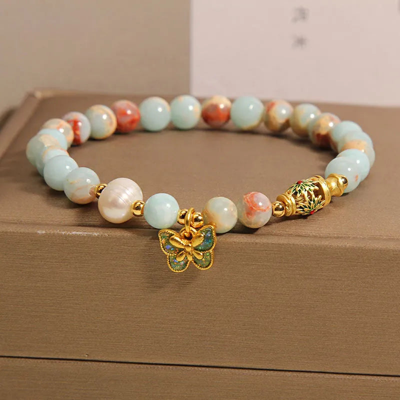 Blue women's bracelet with Shoushan stone and freshwater pearl butterfly pendant