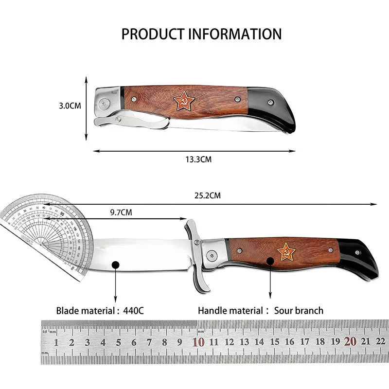 Multi-function folding knife with 440C blade and sandal wood handle on cowhide sheath