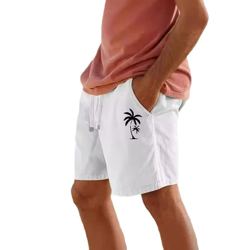 Men's cotton blend beach shorts in khaki colour with a drawstring elastic waistband