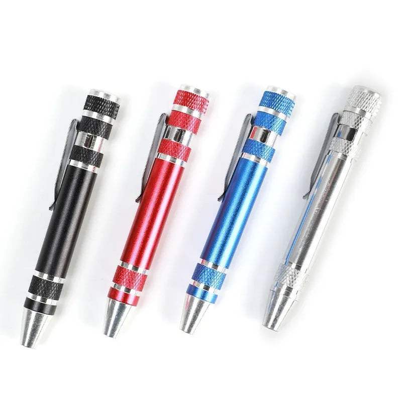 8-in-1 aluminium alloy pen-type screwdriver set with multiple coloured handles and chrome vanadium steel bits