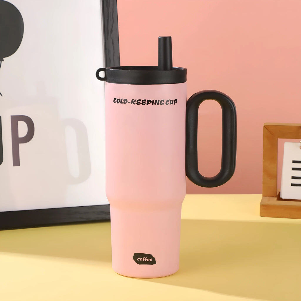 Insulated plastic straw cup with carry handle in five colour options showing 700ml capacity