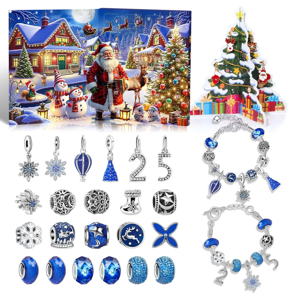 Zinc alloy Christmas advent calendar countdown set with bracelet blind box in flip vertical blue finish