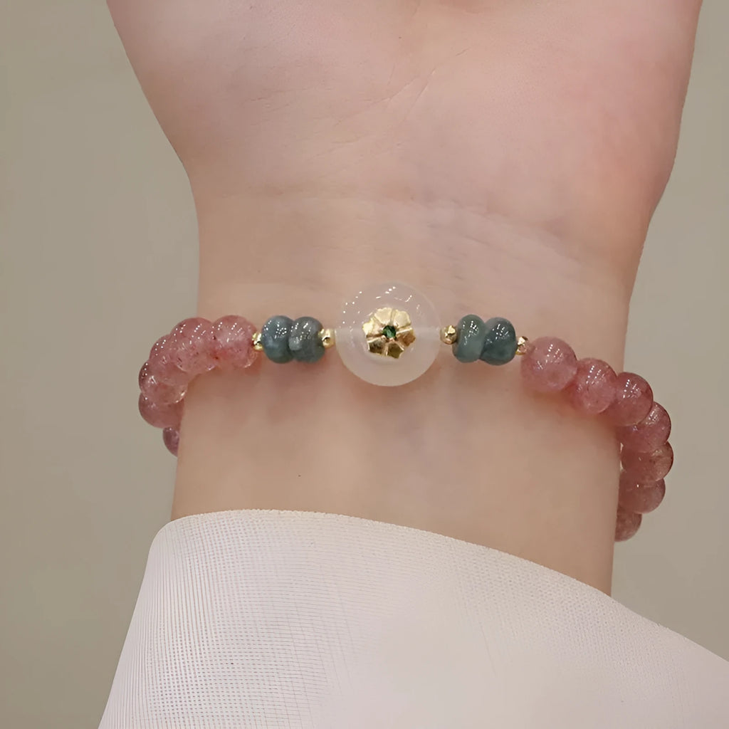 Women's strawberry quartz bracelet with blue water emerald round jade pendant geometric design