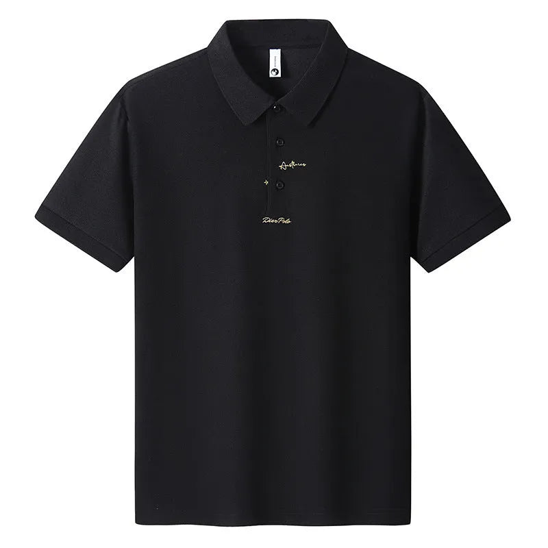 Men's loose-fitting casual cotton t-shirt in black, shown with a simple letter pattern on the chest.