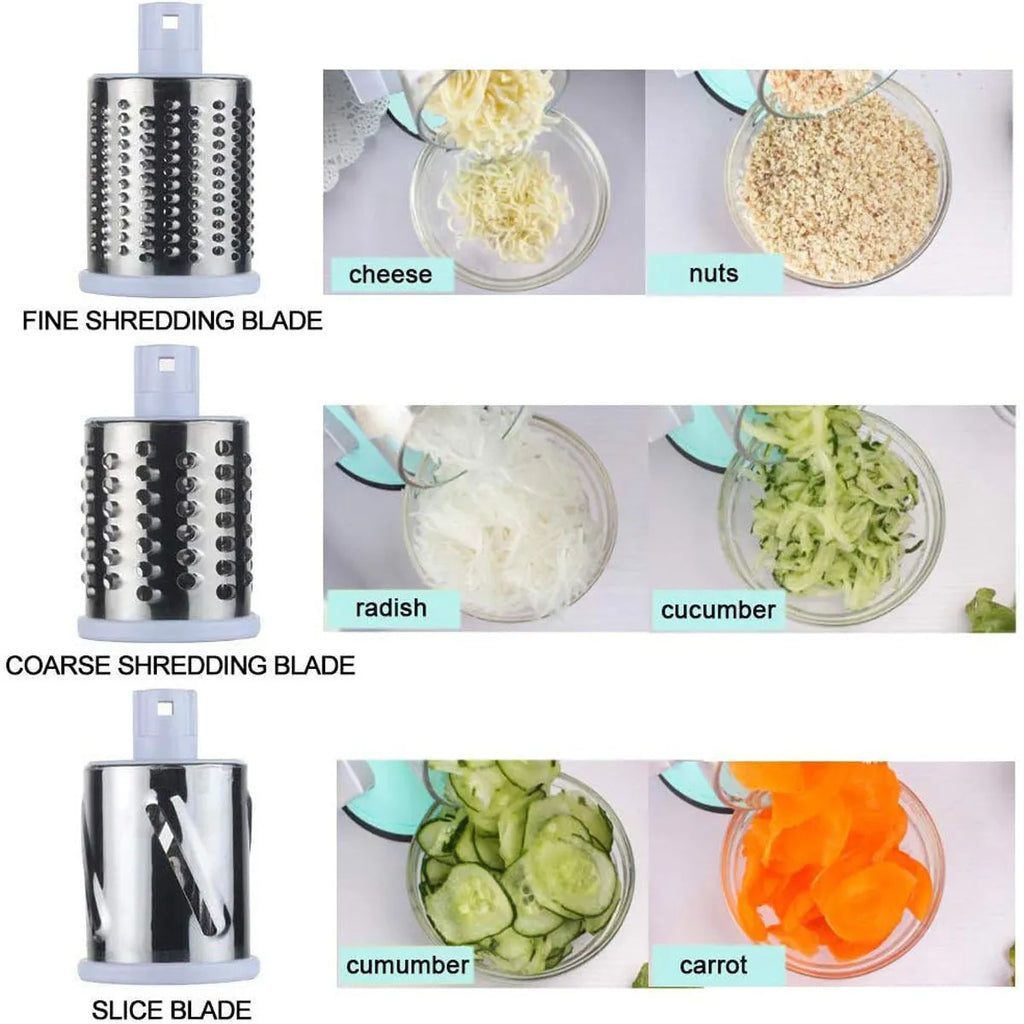Blue manual mandoline vegetable slicer with stainless steel blade on a kitchen counter.