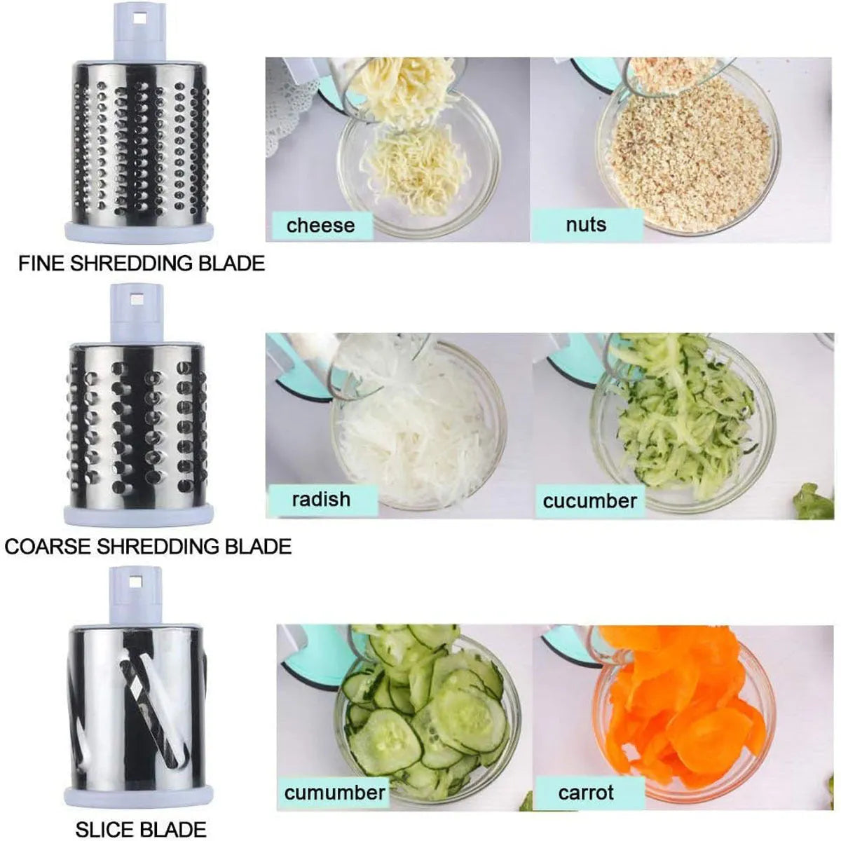 Blue manual mandoline vegetable slicer with stainless steel blade on a kitchen counter.