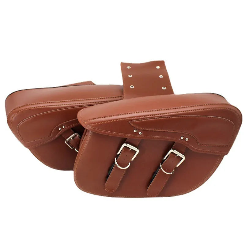 Retro style motorcycle saddle bag in PU leather with side mounting hardware in black or brown