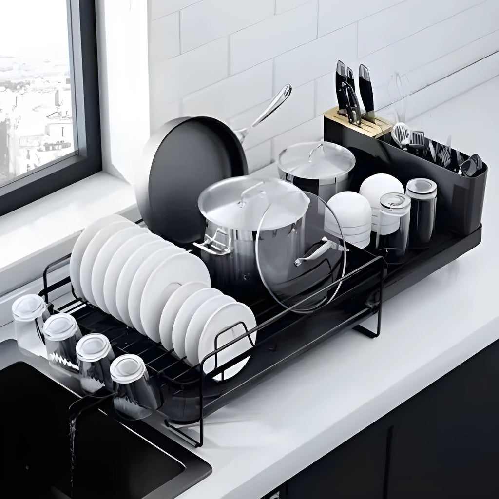 Carbon steel retractable kitchen dish rack holding cutlery and cups for drying