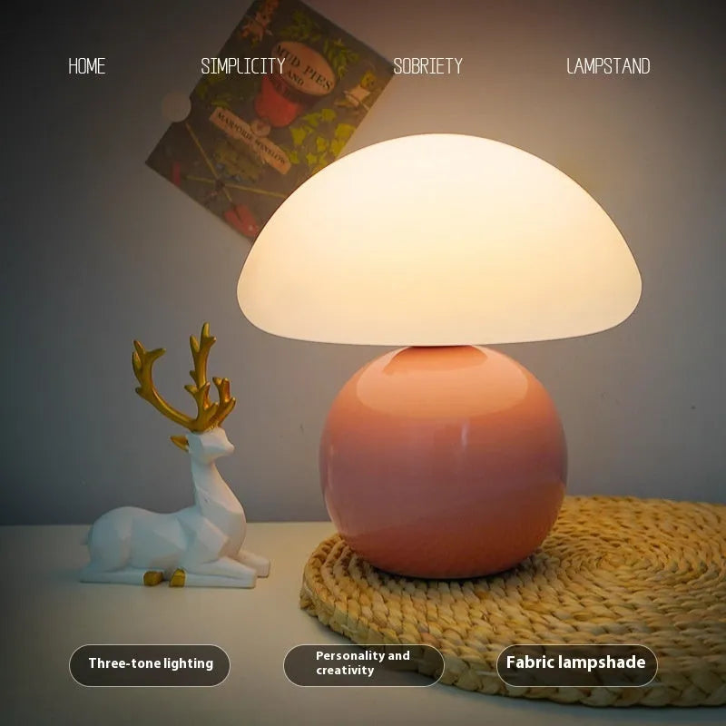 USB ceramic cream mushroom bedside table lamp with remote control in cream finish