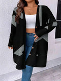 Black plus size women's casual cardigan coat with button detailing and printed stitching