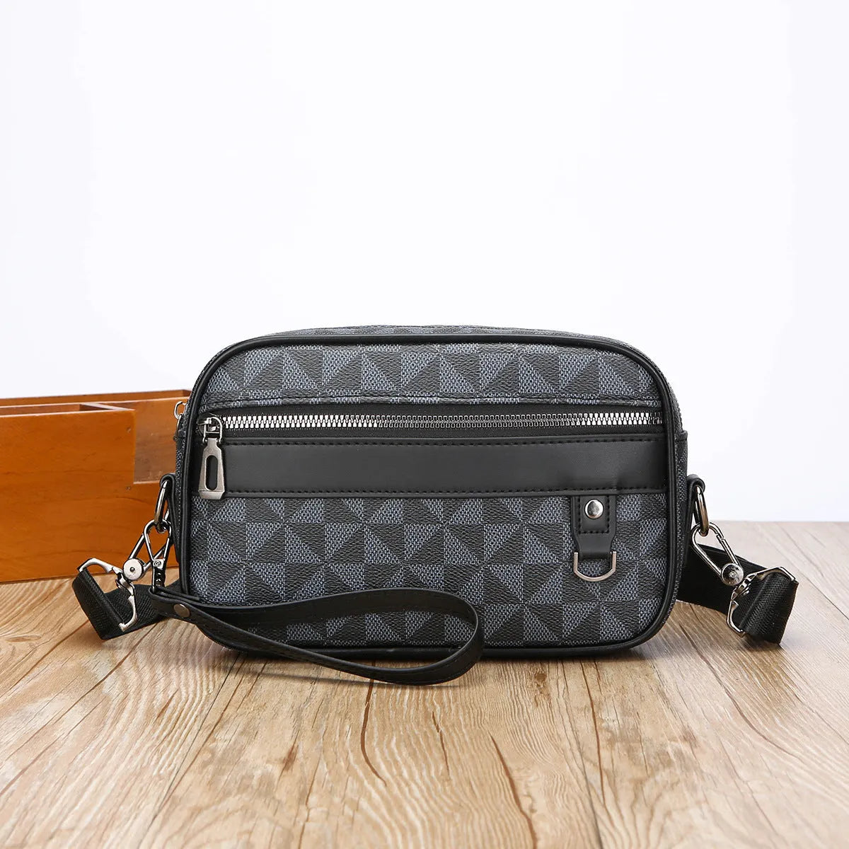 Men's black geometric pattern PU messenger bag with shoulder strap and handheld option